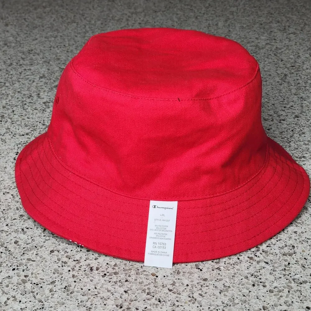NWOT Champion Reversible Logo Script Bucket Hat L/XL Red All Over Print Spellout